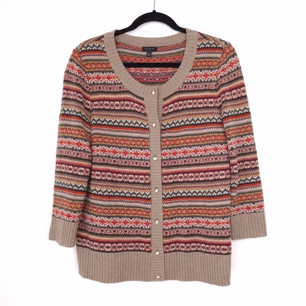 Talbots wool blend Fair Isle cardigan 3/4 sleeve spring layering colorful Nordic